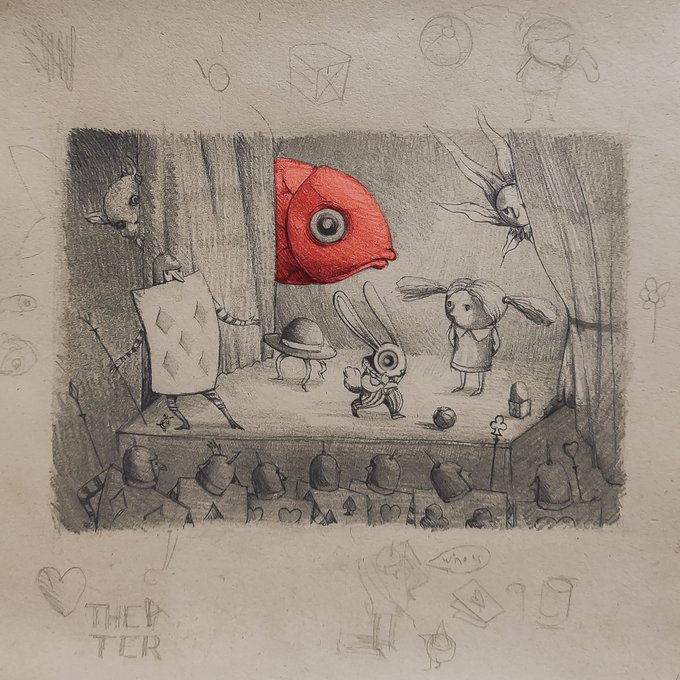 A pencil sketch of a stage performance featuring various cartoon-like characters, including a large red fish head, rabbit-like creatures, and an audience watching, with the word 'THEATER' written below.