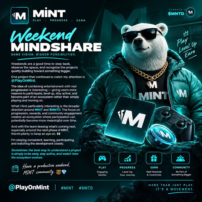A promotional graphic titled 'MINT Weekend MINDSHARE' featuring a polar bear mascot in sunglasses and a green jacket holding a game controller, with text promoting 'PlayOnMint' and the tagline 'Play, Progress, Earn.'