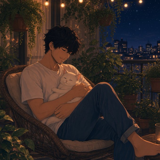 An anime-style illustration of a young man with dark hair smiling as he holds a white cat on his lap, sitting on a balcony chair surrounded by plants and string lights at night.