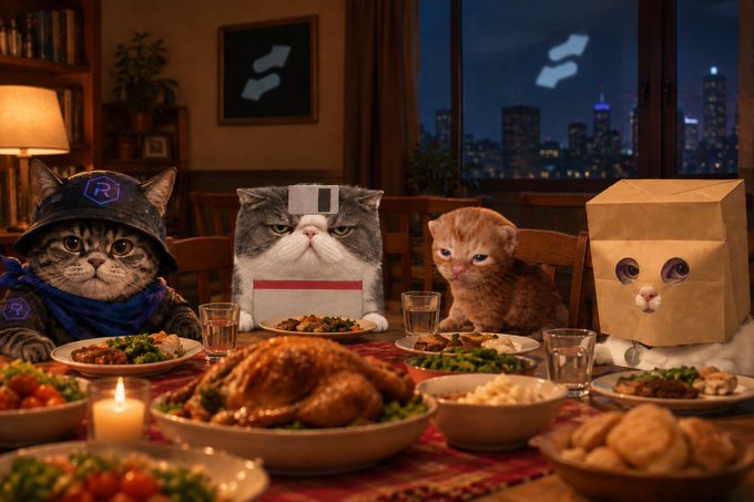 A whimsical scene of four cats sitting at a dining table laden with food (including a roast turkey) in a cozy, candlelit room with a city skyline visible through the window at night; the cats are dressed in various costumes, including a puffy jacket, a striped shirt, and a paper bag over its head.