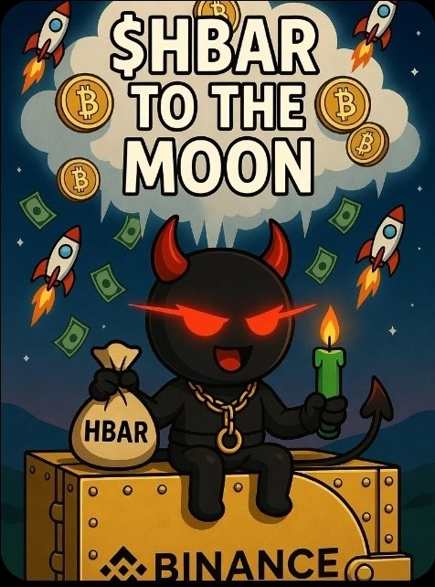 A cartoon-style promotional graphic reading '$HBAR TO THE MOON' featuring a black devil character with red horns sitting on a gold chest, holding a money bag labeled 'HBAR' and a green candle, with Bitcoin coins and rockets in the background, branded with the Binance logo.
