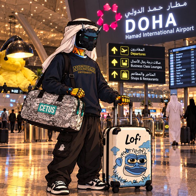 An AI-generated image shows a figure in traditional Gulf attire wearing a futuristic robotic mask, holding a duffel bag labeled 'CETUS' and pulling a suitcase with 'Lofi' written on it at Doha's Hamad International Airport.