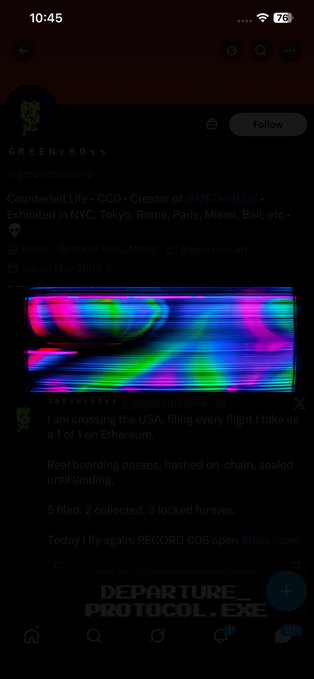 Instagram-style post by greencrossalive featuring a glitch art image and text about crossing the USA, filing every flight as 1 of 1 on Ethereum, with 'DEPARTURE PROTOCOL.EXE' at the bottom.
