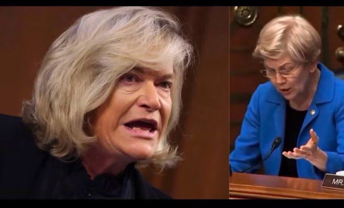 A split-screen showing two women, including Senator Elizabeth Warren in a blue jacket, speaking during what appears to be a Senate hearing.