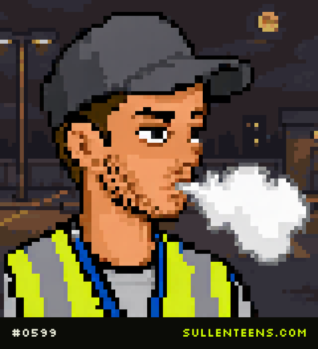 A pixel art illustration of a man in a backwards cap smoking a cigarette, with the text '#0599' and 'SULLENTEENS.COM' displayed at the bottom.