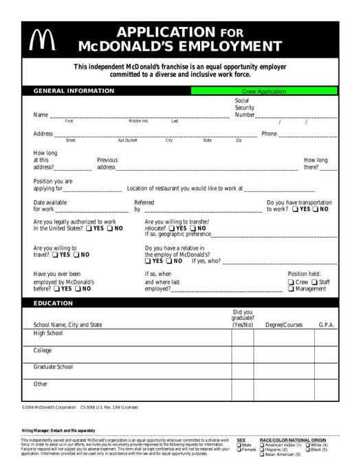 A blank McDonald's 'Application for Employment' form with sections for General Information, Education, and Personal Information, including the McDonald's logo at the top.