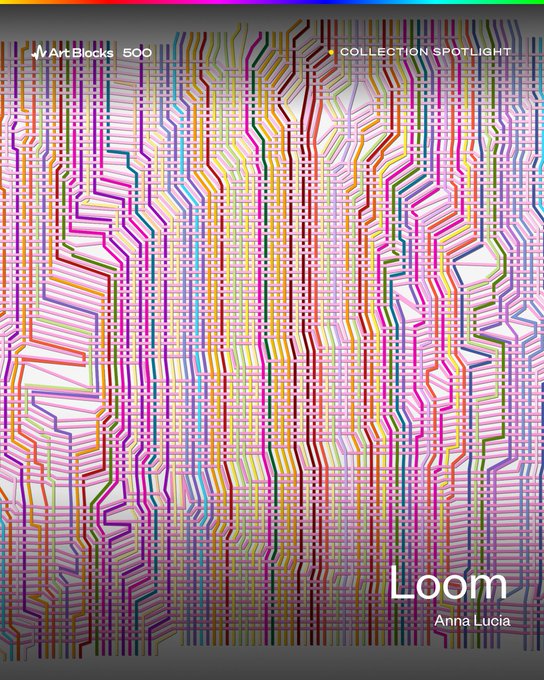 A vibrant, colorful digital weaving pattern fills the image with crisscrossing threads in pastel hues against a white background, with "Art Blocks 500" in the top left, "COLLECTION SPOTLIGHT" in the top right, and "Loom by Anna Lucia" labeled in the bottom right.