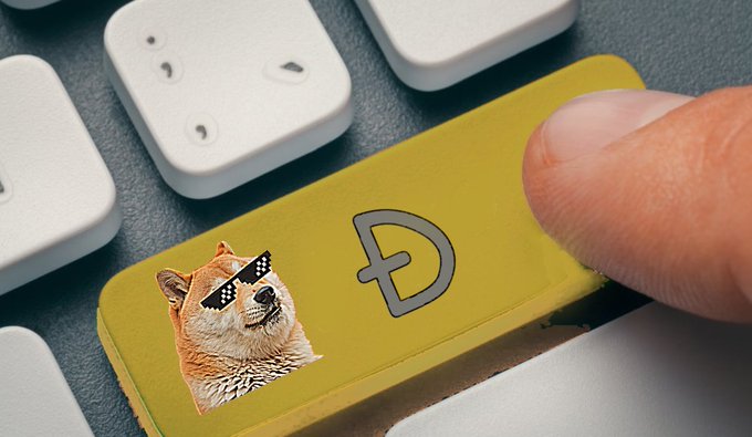 A finger hovers over a custom yellow keyboard key featuring a Shiba Inu dog wearing pixelated sunglasses and a Dogecoin "Ð" symbol, with regular white keys visible around it. The image playfully illustrates the post's request for a dedicated Doge button on the keyboard, tapping into internet culture with the iconic Doge meme.