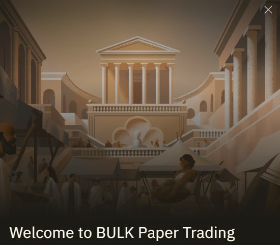 The image shows an advertisement for bulk trading services, specifically for bulk paper trading. The text "Welcome to BULK PAPER TRADING" is displayed at the top of the image, inviting users to explore this new platform. The image also features a drawing of a building and columns, which could be a representation of the ancient Roman Forum or another historical site related to bulk trading.