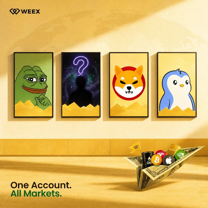 WEEX cryptocurrency exchange advertisement featuring framed meme characters (Pepe, Shiba Inu, penguin), the tagline "One Account. All Markets.", and a paper boat filled with dollar bills and crypto icons.