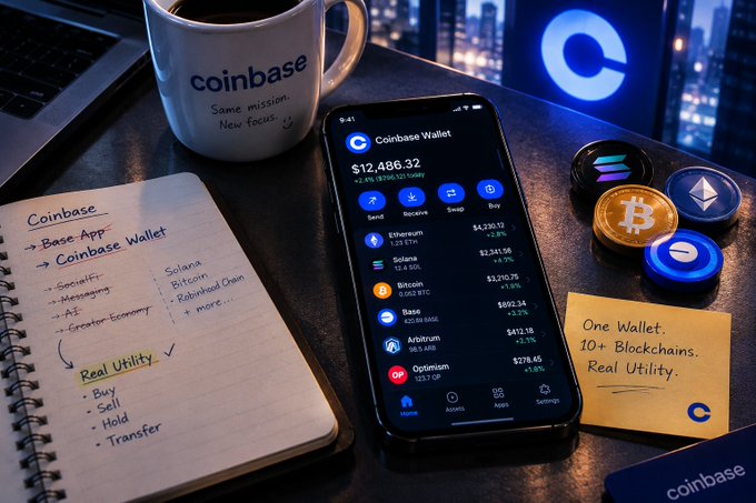 A promotional image for Coinbase Wallet showing a smartphone displaying a portfolio balance of $12,486.32 with assets including Ethereum, Solana, Bitcoin, Avalanche, and Optimism, alongside a coffee mug, sticky note reading 'One Wallet. 10+ Blockchains. Real Utility.', and physical cryptocurrency coins (Bitcoin, Ethereum, Solana).