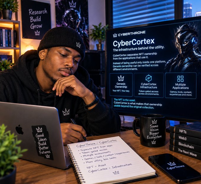 A young man in a black beanie works at a desk with a laptop and notebook, with a monitor displaying 'CYBERTHRONE CyberCortex - The infrastructure behind the utility' alongside notes about NFT ownership, token-gated access, and multiple applications.