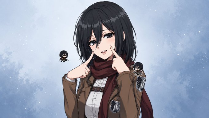 Anime-style illustration of a smiling girl with short black hair pointing at her cheeks, wearing a brown jacket and red scarf, accompanied by two small chibi figures against a cloudy sky background.