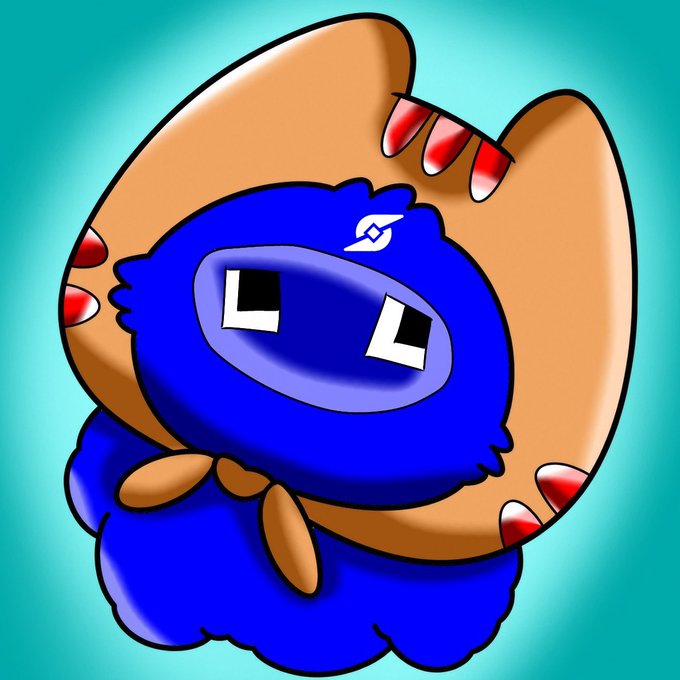 An illustration of a blue, fuzzy character wearing a large sombrero with red accents and a white symbol on its chest, set against a teal background.