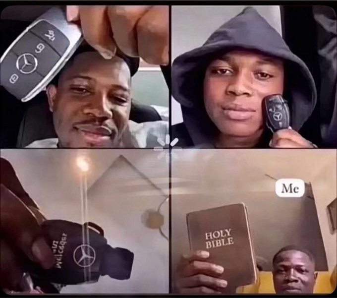 A four-panel meme showing a man holding a Mercedes car key in the top left, himself in the top right, the key being burned/destroyed in the bottom left, and himself holding a Holy Bible (labeled 'Me') in the bottom right.