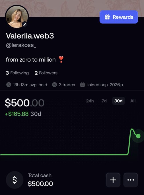 A screenshot of a trading profile showing "Valeriia.web3 (@lerakoss_)" with the tagline "from zero to million!" and a balance of $500.00 (+$165.88 in 30d), which the user references when asking the community what to buy with their $500 balance.