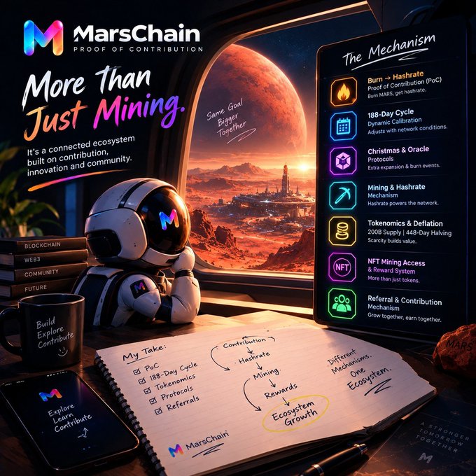 A MarsChain promotional graphic advertises 'More Than Just Mining' with a connected ecosystem built on contribution, innovation, and community, featuring a robot viewing Mars through a window.