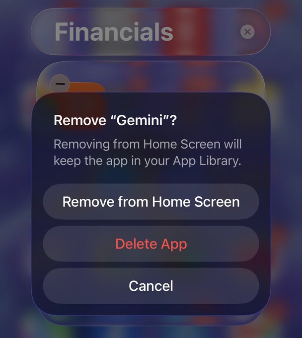 An iPhone dialog box asking 'Remove "Gemini"?' with options to 'Remove from Home Screen', 'Delete App', or 'Cancel' over a 'Financials' app icon.