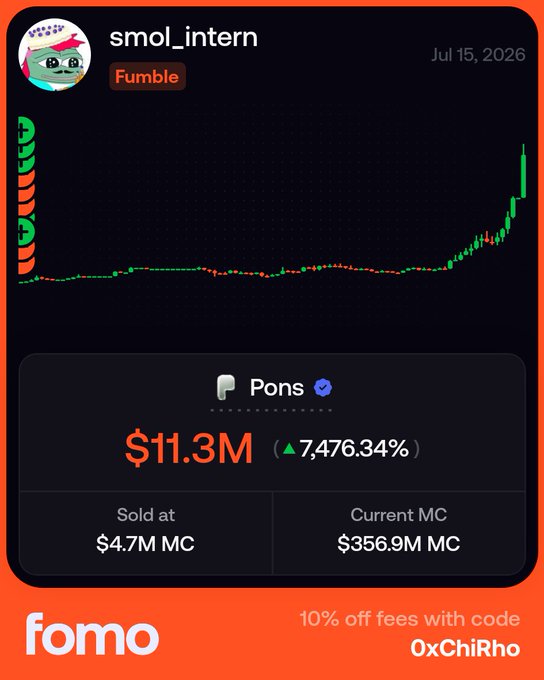 The image shows a Fomo app screenshot of the "smol_intern" token, which was sold at $4.7M MC but is now valued at $356.9M MC, representing a 7,476.34% gain through the "Pons" trading bot. This perfectly illustrates the post's message about resisting the urge to take profits too early during bull runs, as the trader sold near the bottom of a massive 75x pump and missed out on nearly $11.3M in potential gains.