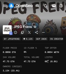 The image shows the OpenSea listing page for the "JPEG Frens" NFT collection, featuring 9,125 items with a floor price of 0.0058 ETH and 2,134 owners (33.4%). The post celebrates the collection by mocking those who sold low and encouraging others to share it widely to capitalize on its value.