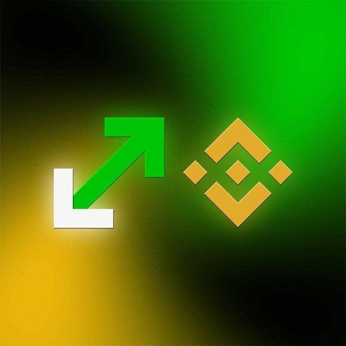 The image shows an upward green arrow pointing from a Binance "L" logo to the Binance Coin (BNB) golden diamond logo against a green and black gradient background, visually symbolizing Binance's price increase as indicated by the post "Binance is up."