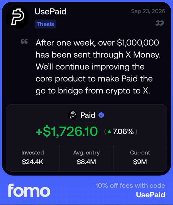 A promotional graphic for 'UsePaid' dated Sep 23, 2026, displaying a quote about over $1,000,000 sent through X Money, alongside performance metrics (+$1,726.10, 7.06%) and a 'fomo' branding with a 10% off discount code.
