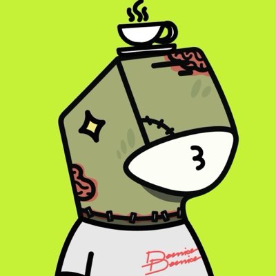 Cartoon illustration of a stitched-together green creature with a cup of steaming coffee balanced on its head, signed "Bonnie Bonnie" at the bottom.