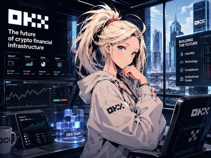 The image features a woman with blonde hair wearing a white jacket sitting at a desk next to a laptop computer. The background of the image shows a cityscape with tall buildings, suggesting that they are located in an urban area. The text "OKX" is visible on the image as well. The woman appears to be looking down or thinking about something, possibly related to the collaboration between ICE and OKX.