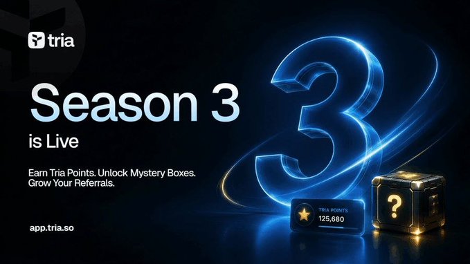 The image features a poster for Season 3 of a TV show, which has a blue background with white text that reads "Season 3 is live" and includes a gold star next to the number three. The poster also contains information about the app Tria, suggesting that users can access it by entering their email address or phone number.