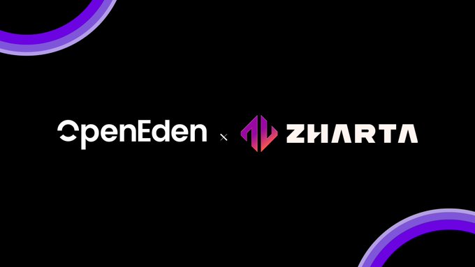 The image features a logo for OpenEden and another company called @Zharta, which are both located at the bottom of the screen. The logo has a purple background with white text that reads "OpenEden XPRISM". The text also mentions that this collaboration is focused on yield-bearing assets becoming more versatile when they support credit alongside yield. This implies that by combining these two types of assets, one can create a more diverse and flexible investment portfolio.