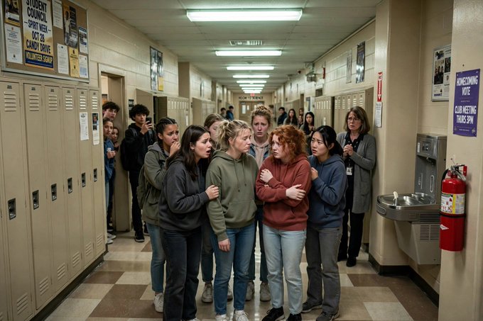 A group of students in a school hallway huddle together in shock or fear, likely reacting to a fire alarm or emergency. The posted text about $ANSEM and BullpenFi appears unrelated to the image content, seemingly used as a meme background to evoke the "realizing you're late to the party" feeling.