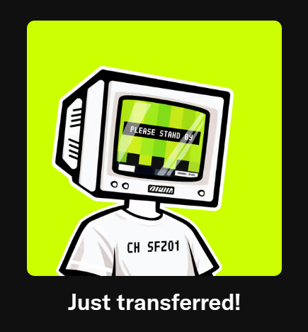 A cartoon-style graphic featuring a figure with a retro CRT television for a head displaying 'PLEASE STAND BY', wearing a shirt reading 'CH 5F201' with text 'Just transferred!' below.