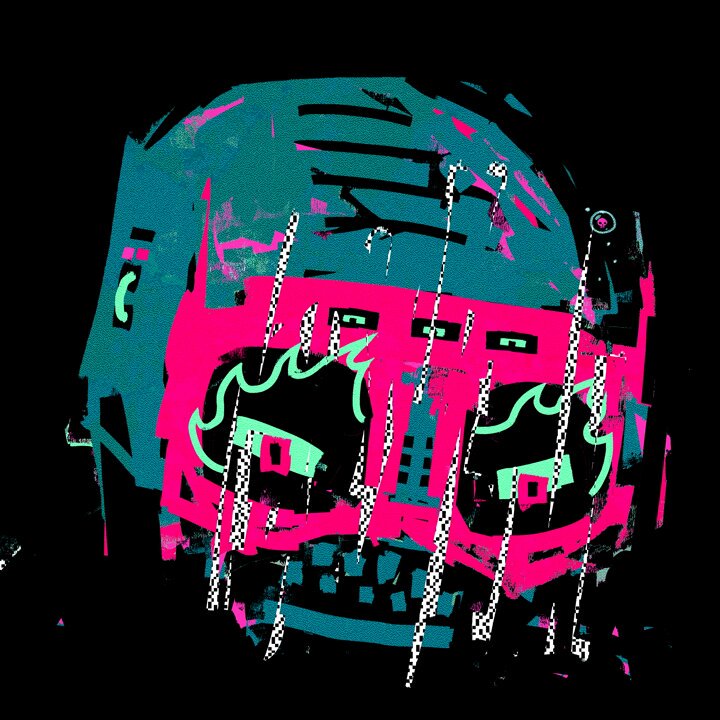 The image features an artist named Max Pain, who has added a watermark that reads "@XCOPYARTAwesome". The artwork in question appears to be a distorted pink skull with two eyes, accompanied by white spikes. It is displayed against a black background and has been attributed to the Art Vault.