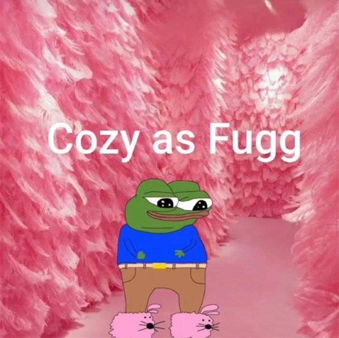 Pepe the Frog meme wearing a blue shirt and brown pants with pink bunny slippers against a fluffy pink background, captioned 'Cozy as Fugg'.