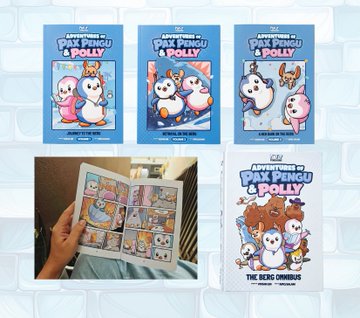A display of children's books titled "The Adventures of Pax Pengu & Polly," showing four book covers with cartoon penguin characters and a person reading one of the books featuring the "The Icy Christmas" title.