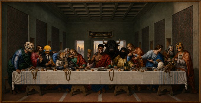 A parody of the Last Supper featuring various meme characters and internet personalities seated at a long table, with a banner reading 'RETURN TO MEMES' on the back wall.