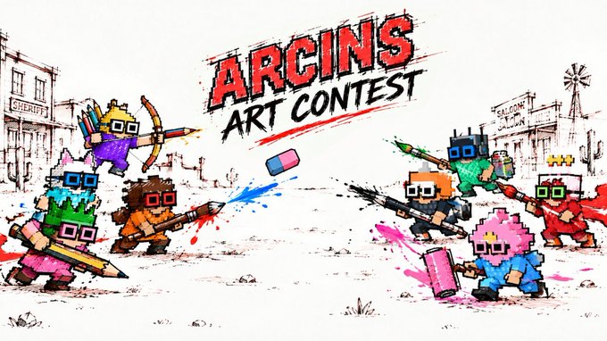 Promotional artwork for the 'Arcins Art Contest' featuring pixel-art characters in a Western shootout scene with paint splatters and a sheriff/cowboy theme.