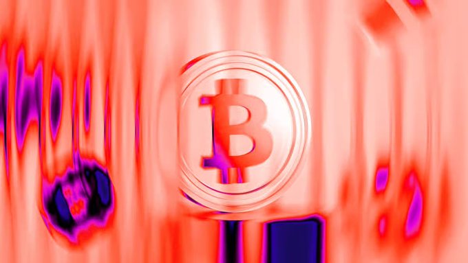 A distorted, glitch-art style image featuring the Bitcoin symbol (₿) centered against a wavy red and pink background.