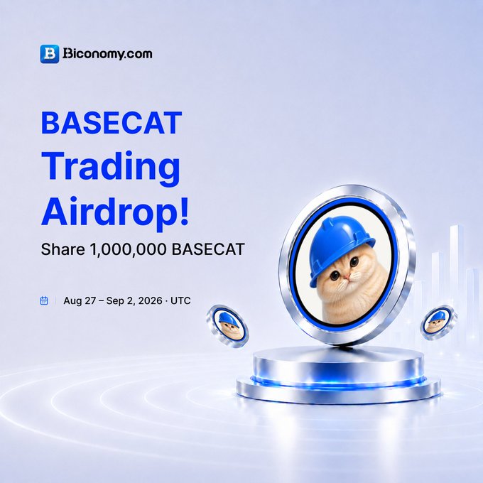 A Biconomy.com advertisement for the BASECAT Trading Airdrop offering to share 1,000,000 BASECAT, running from Aug 27 – Sep 2, 2026 (UTC), featuring an image of a cat wearing a blue hard hat.
