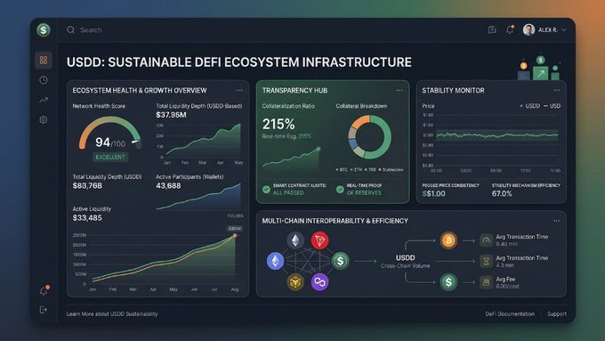 A dark-themed analytics dashboard titled "USDD: Sustainable DeFi Ecosystem Infrastructure" displaying ecosystem health metrics, transparency hub data at 215% collateralization, and stability monitoring.