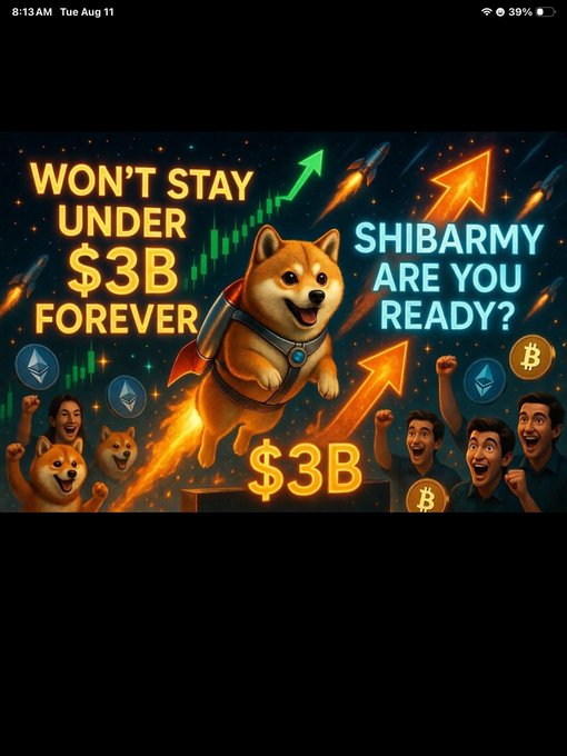A crypto-themed graphic featuring a Shiba Inu dog in a superhero cape with text reading 'WON'T STAY UNDER $3B FOREVER', 'SHIBARMY ARE YOU READY?', and '$3B', surrounded by rockets, arrows, and cheering people.