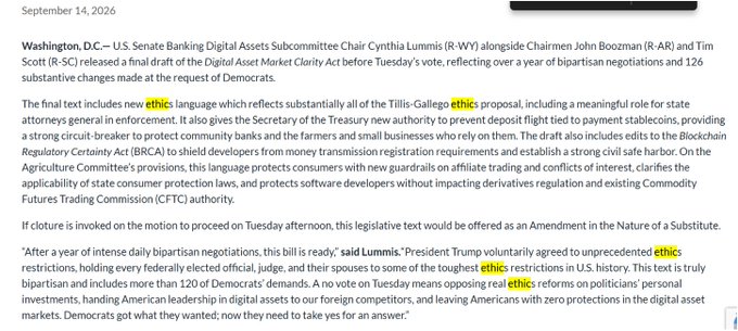 A news article dated September 14, 2026, reports that Senate Banking Digital Assets Subcommittee Chair Cynthia Lummis (R-WY), alongside Chairmen John Boozman (R-AR) and Tim Scott (R-SC), released a final draft of the Digital Asset Market Clarity Act, incorporating 126 Democratic-requested changes including new ethics language from the Tillis-Gallego proposal. The image directly supports the accompanying post by highlighting the bipartisan negotiations, the inclusion of ethics reforms like divestiture and blind trust requirements, and Lummis's call for Democrats to "take yes for an answer."