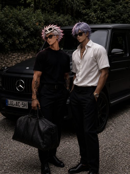Two fashionable figures with lavender and pink spiked hair pose in front of a black Mercedes-Benz (license plate "LUL-AC-5H"), one in a skull mask with a duffle bag and the other in a white button-up—exuding a bold, edgy Sunday vibe to match the "gm frens happy sunday" energy.