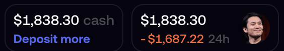 A cash balance of **$1,838.30** is shown with a "Deposit more" option alongside a **- $1,687.22** 24-hour loss, likely highlighting the volatility of a crypto trade tied to the user's morning call for SOL (Solana) addresses.