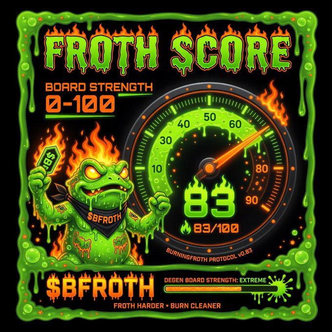A vibrant 'Froth Score' graphic displaying a board strength of 83/100 with a flaming frog mascot holding a dollar sign, branded as $BFROTH with the tagline 'FROTH HARDER • BURN CLEANER' and 'BURNINGFROTH PROTOCOL V0.83'.