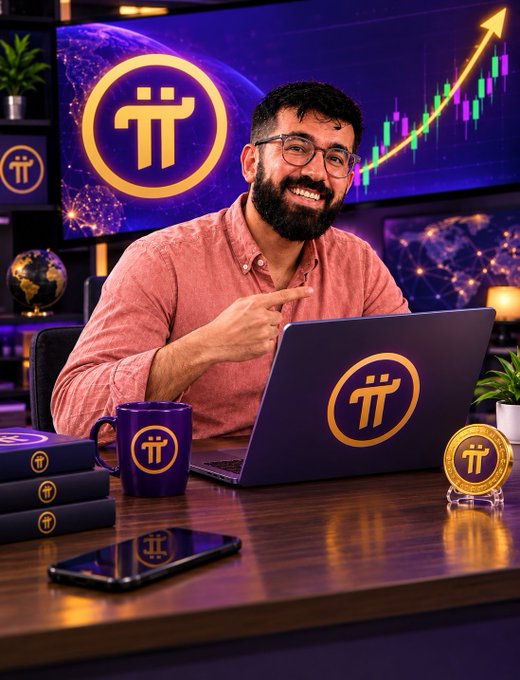 A bearded man in glasses smiles beside a laptop, mug, books, and a coin, all branded with the Pi Network logo; a large Pi logo and upward-trending chart appear behind him.