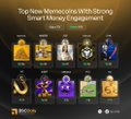 The image features a poster for meme coins, with various meme coin designs displayed against a black background. The poster includes text that highlights the top 10 meme coins with strong smart money engagement, along with their respective values. The meme coins are arranged in a grid format, making it easy to compare and contrast them visually.