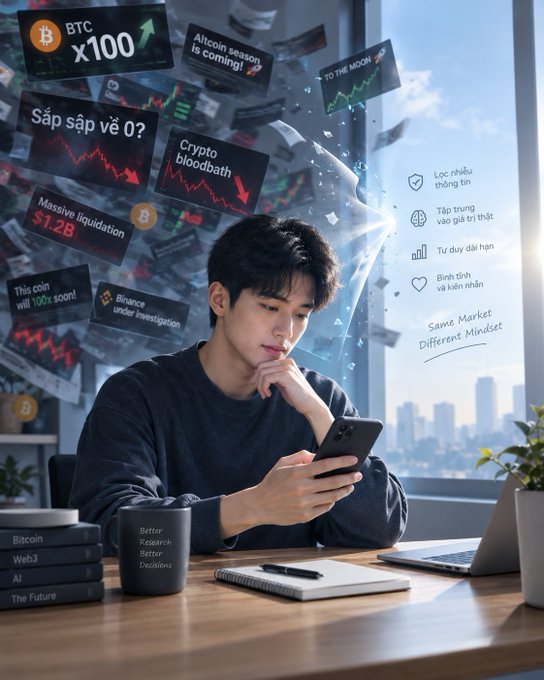 An AI-generated image of a young Asian man looking thoughtfully at his phone at a desk, surrounded by floating crypto-related news panels with text like 'BTC x100', 'Crypto bloodbath', 'Massive liquidation $1.2B', 'Binance under investigation', and 'Altcoin season is coming!'.