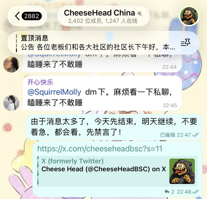 A Telegram group chat screenshot from "CheeseHead China" (2,402 members) showing Chinese-language messages, a pinned announcement, and a shared X (Twitter) link to @CheeseHeadBSC.
