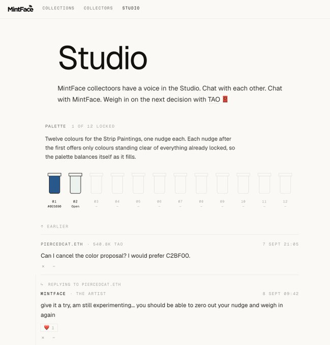 A webpage screenshot for 'MintFace Studio' explaining that collectors have a voice in palette decisions, showing a palette with 1 of 12 colors locked (#0C5A00 at position 01), and a conversation thread where 'piercedcat.eth' (640.8K TAO) asks 'Can I cancel the color proposal? I would prefer C2BF00.' and MintFace the Artist replies.